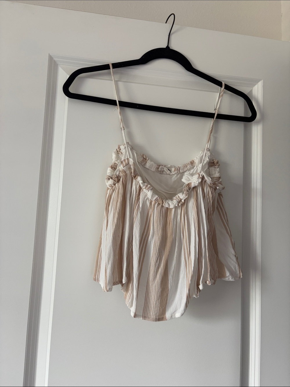 Cotton Candy Beige & White Striped Ruffle Crop Top